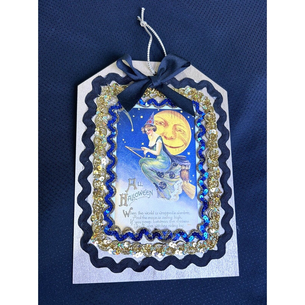 Halloween Wall Plaque 10"x7" Victorian Post Card Art Witch Moon Handmade in USA